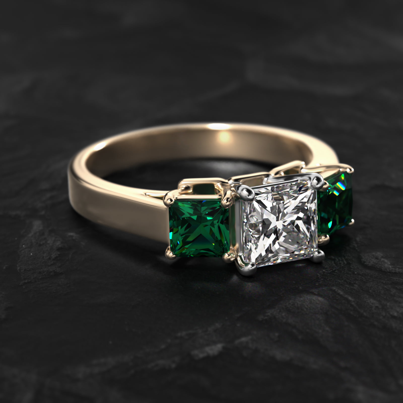Step-Cut Emerald Three Stone Engagement Ring In 14K Yellow Gold