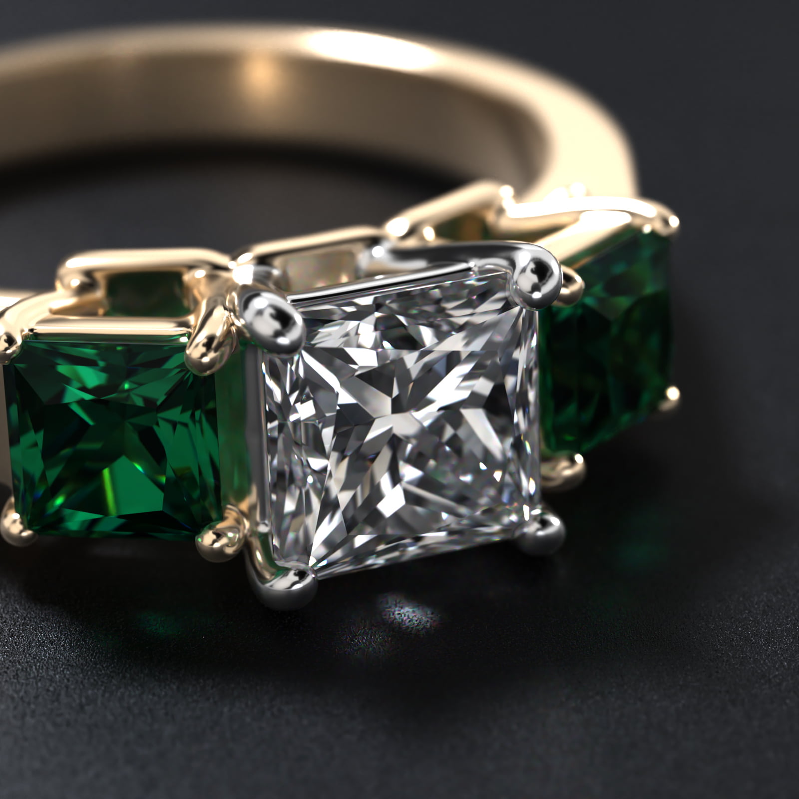 Step-Cut Emerald Three Stone Engagement Ring In 14K Yellow Gold