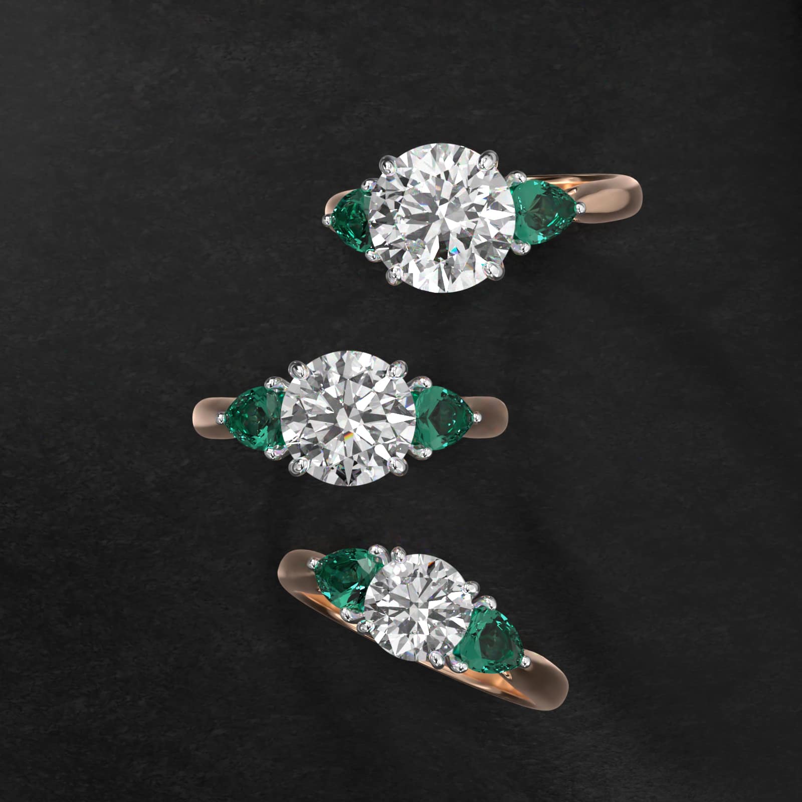 Pear Shaped Emerald Three Stone Engagement Ring In 14K Rose Gold