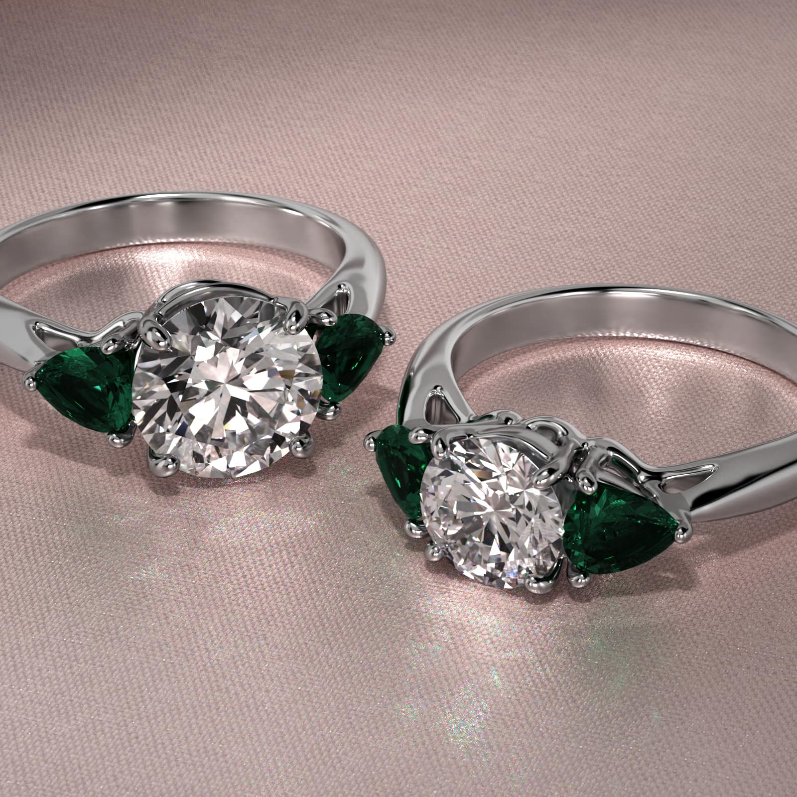 Pear Shaped Emerald Three Stone Engagement Ring In 18K White Gold