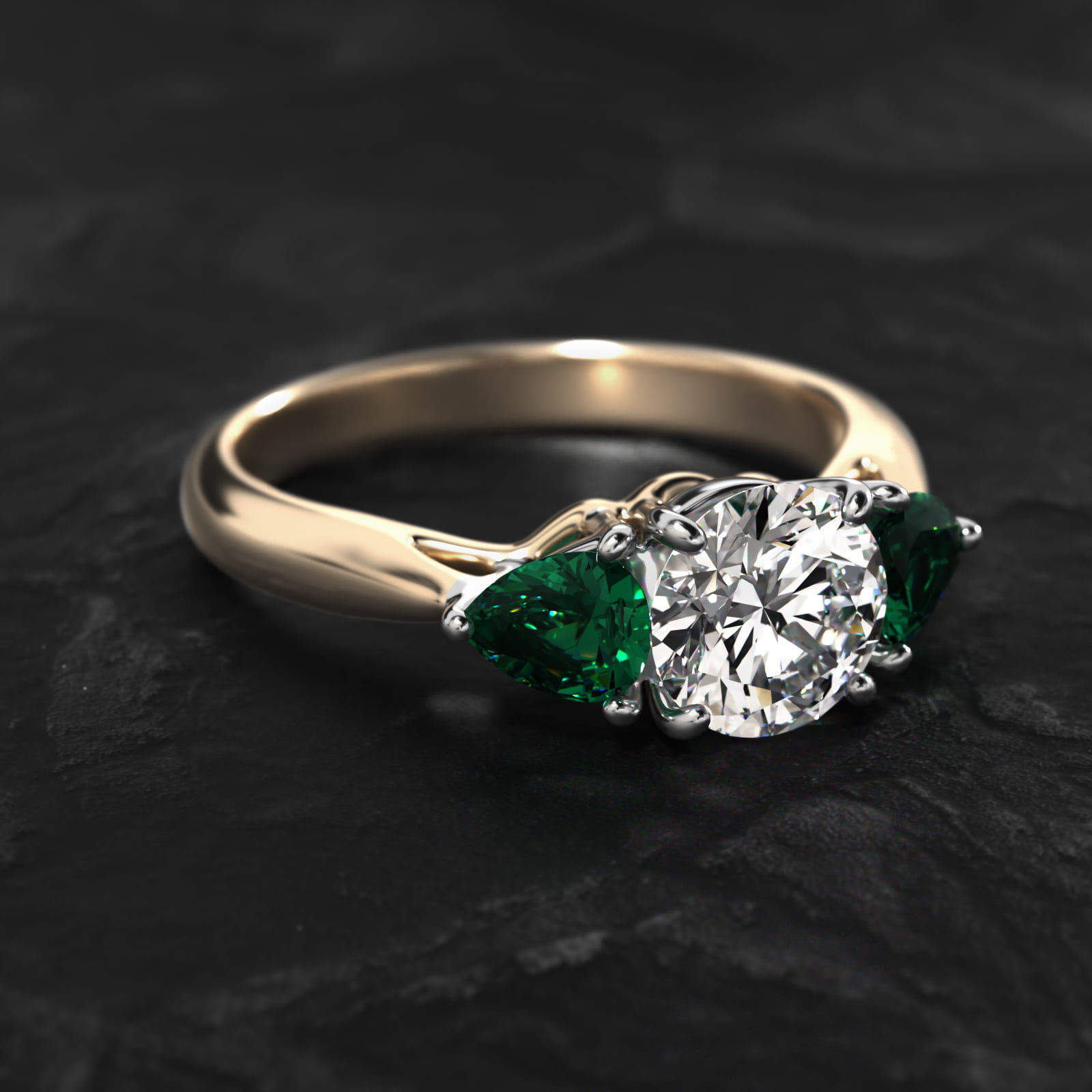 Pear Shaped Emerald Three Stone Engagement Ring In 18K Yellow Gold