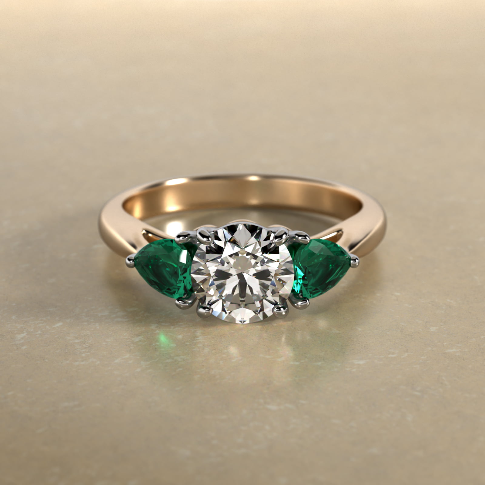 Pear Shaped Emerald Three Stone Engagement Ring In 14K Yellow Gold