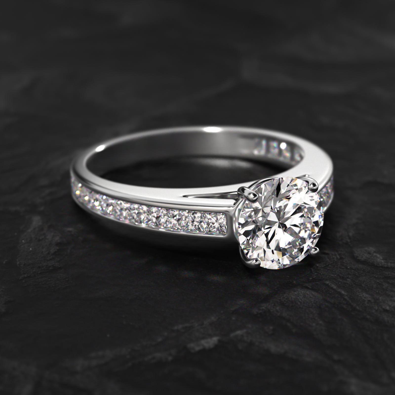 Engagement Ring With Channel Set Princess Cut Diamonds In 14K White Gold