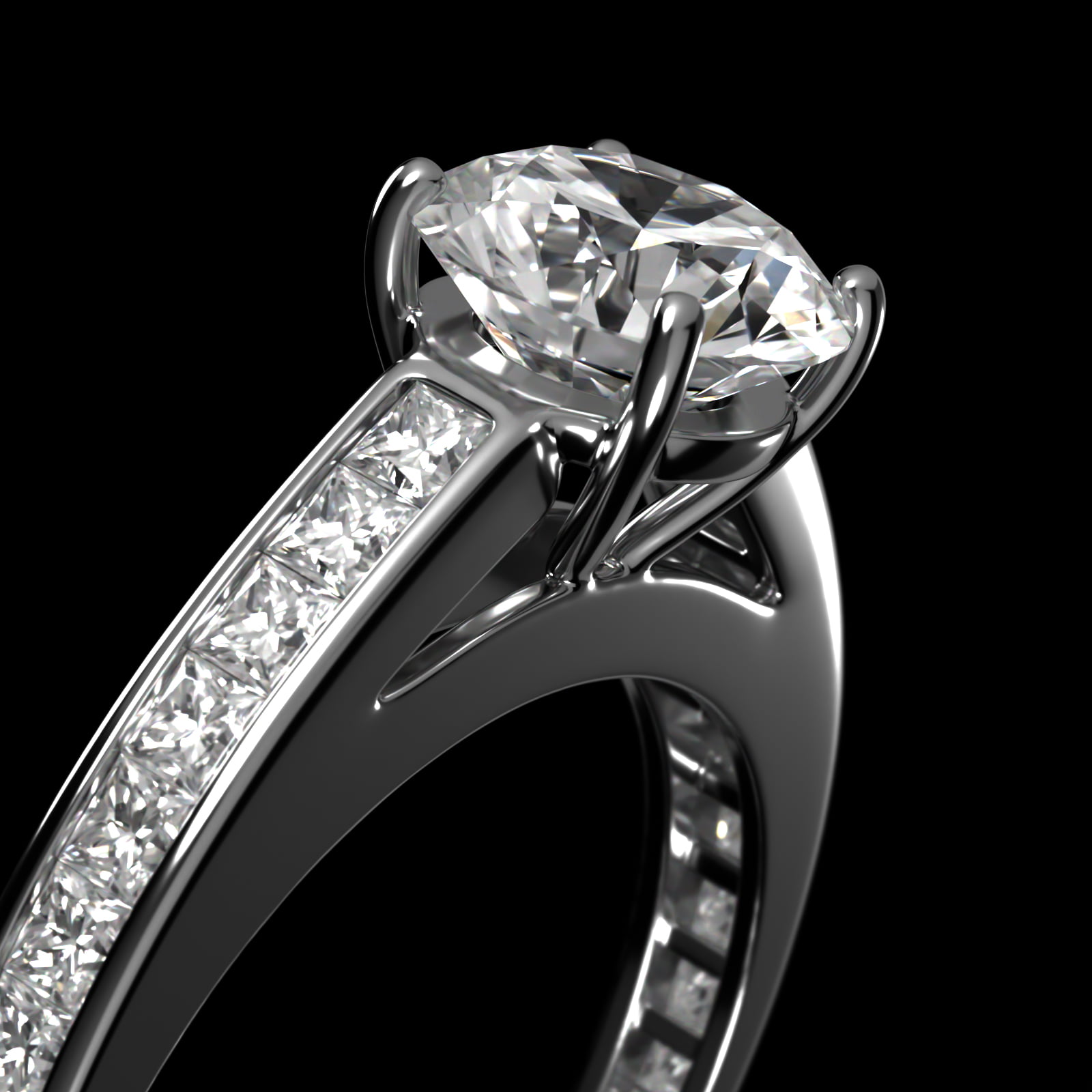 Engagement Ring With Channel Set Princess Cut Diamonds In 18K White Gold