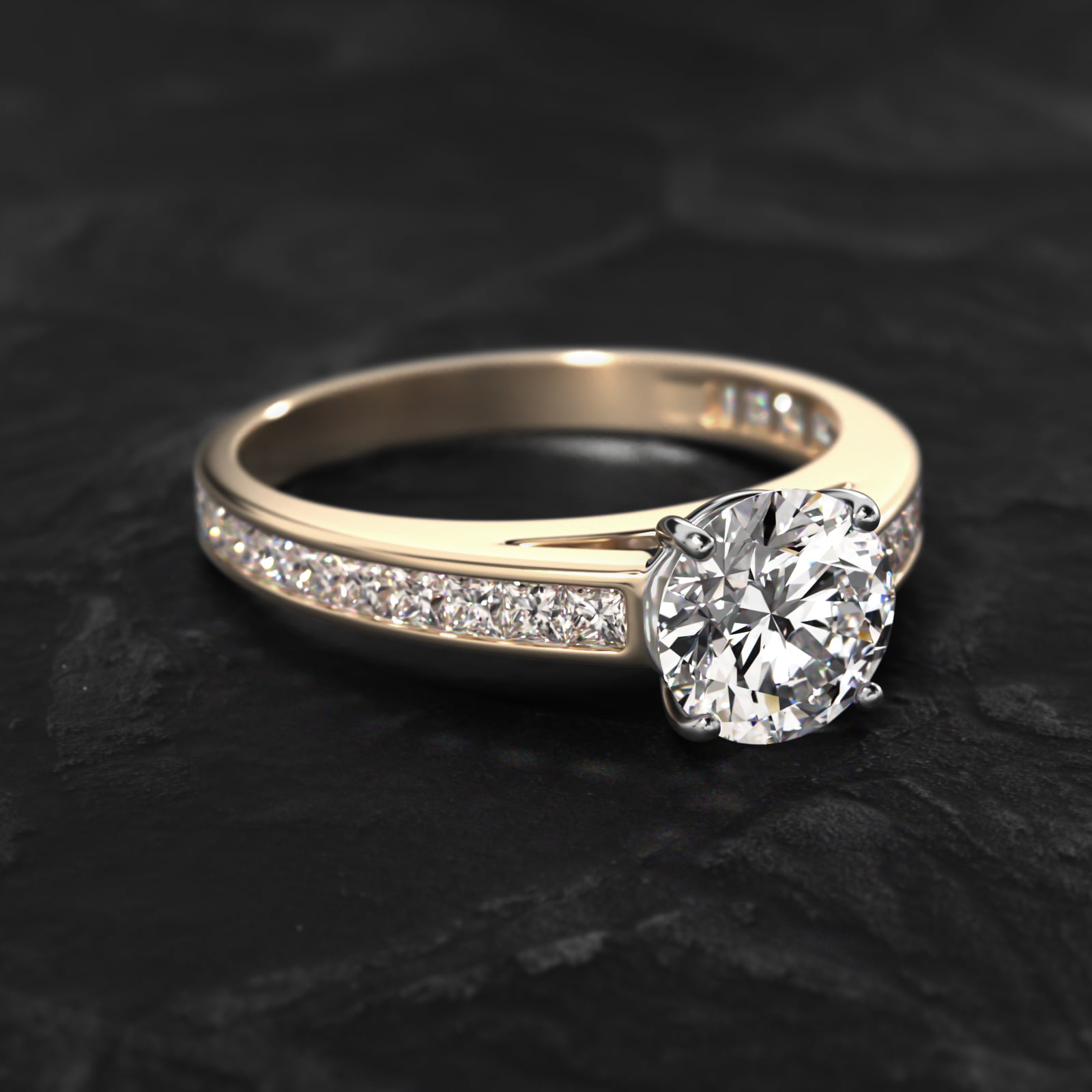Engagement Ring With Channel Set Princess Cut Diamonds In 14K Yellow Gold