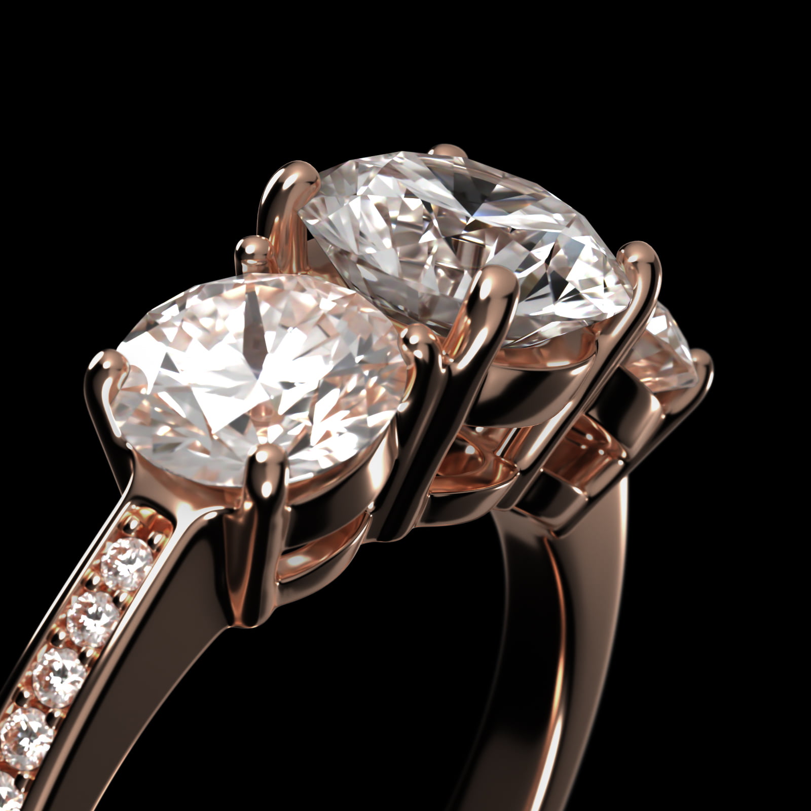 Round Diamond Three Stone Engagement Ring With Pavé Set Diamonds In 14K Rose Gold
