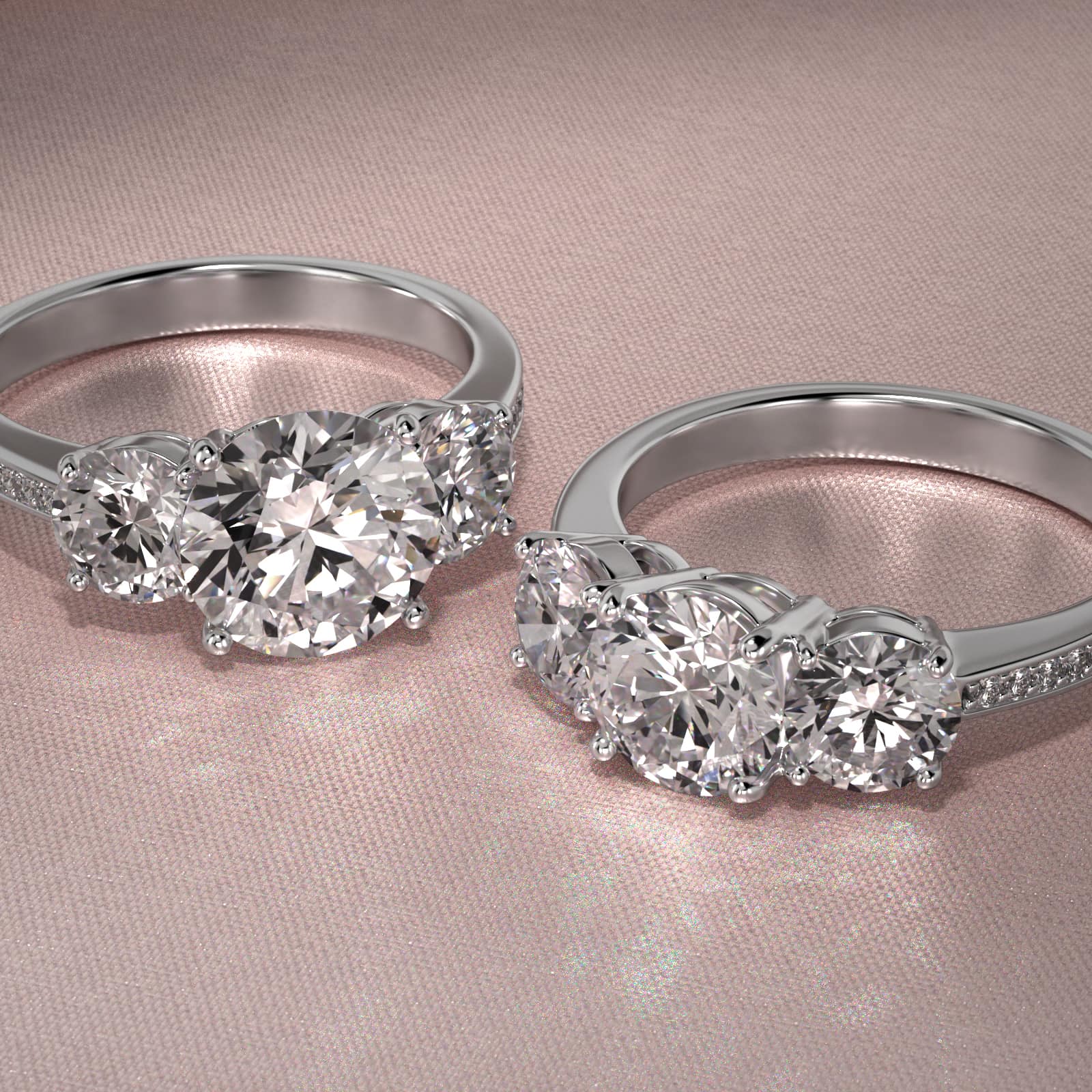 Round Diamond Three Stone Engagement Ring With Pavé Set Diamonds In 14K White Gold