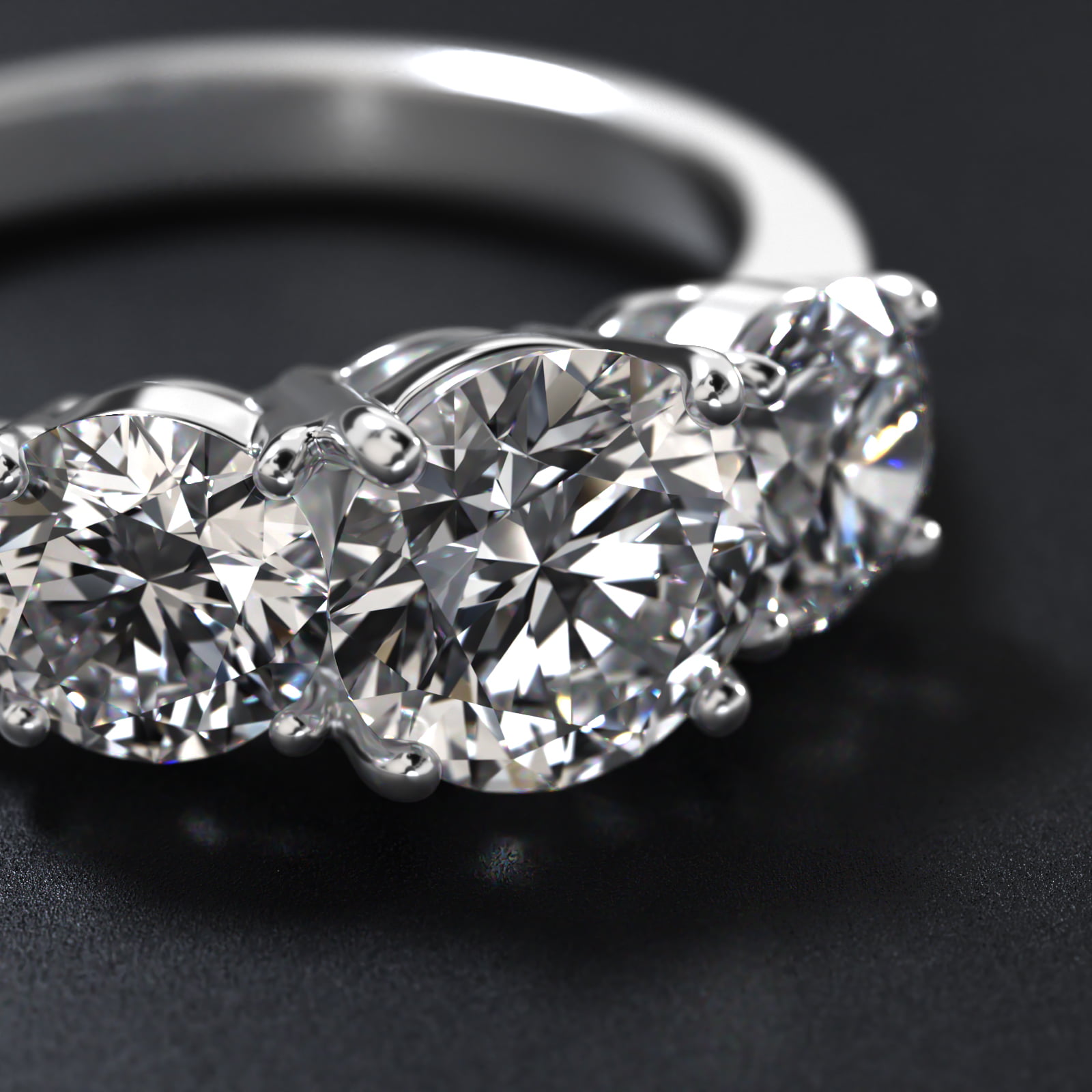 Round Diamond Three Stone Engagement Ring With Pavé Set Diamonds In 14K White Gold