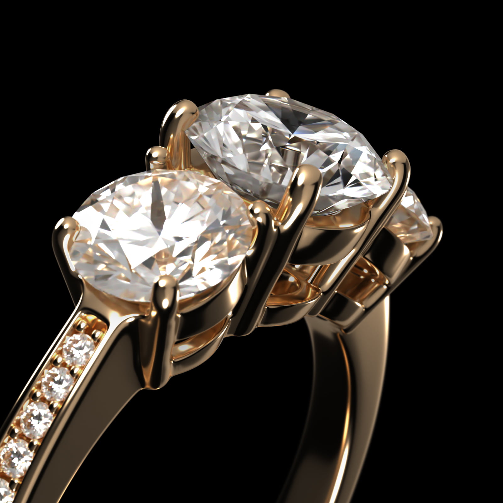 Round Diamond Three Stone Engagement Ring With Pavé Set Diamonds In 14K Yellow Gold