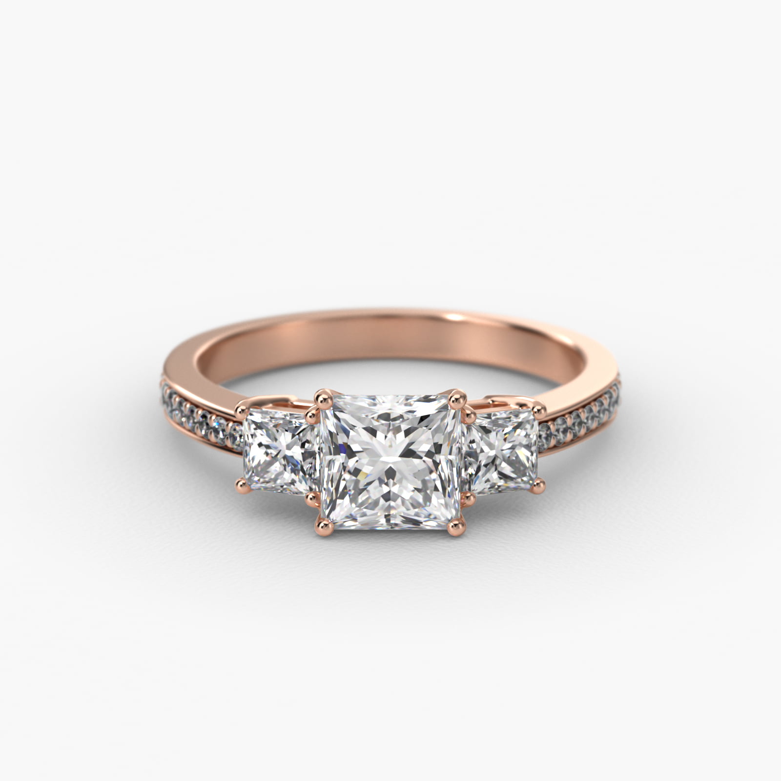 Princess Cut Diamond Three Stone Engagement Ring With Pavé Set Diamonds In 14K Rose Gold