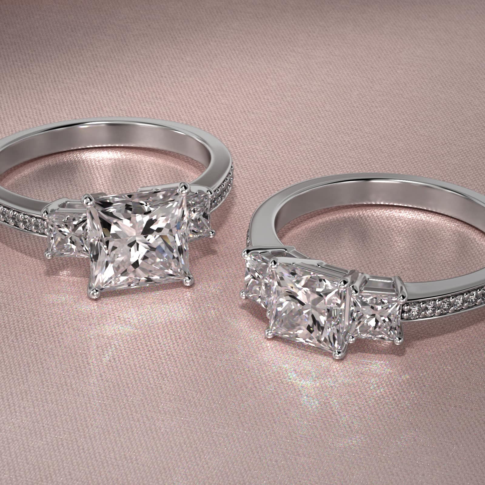 Princess Cut Diamond Three Stone Engagement Ring With Pavé Set Diamonds In Platinum