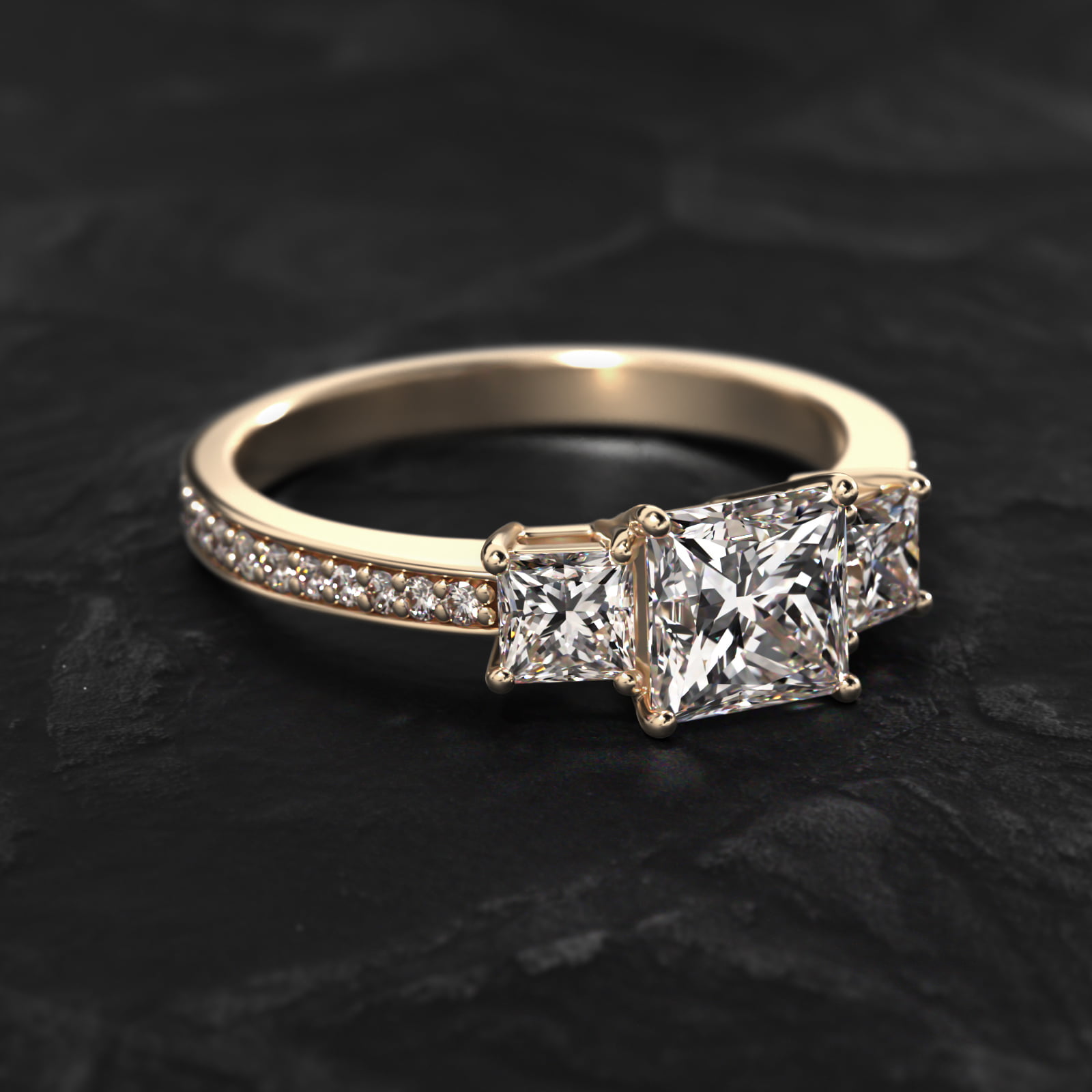 Princess Cut Diamond Three Stone Engagement Ring With Pavé Set Diamonds In 14K Yellow Gold