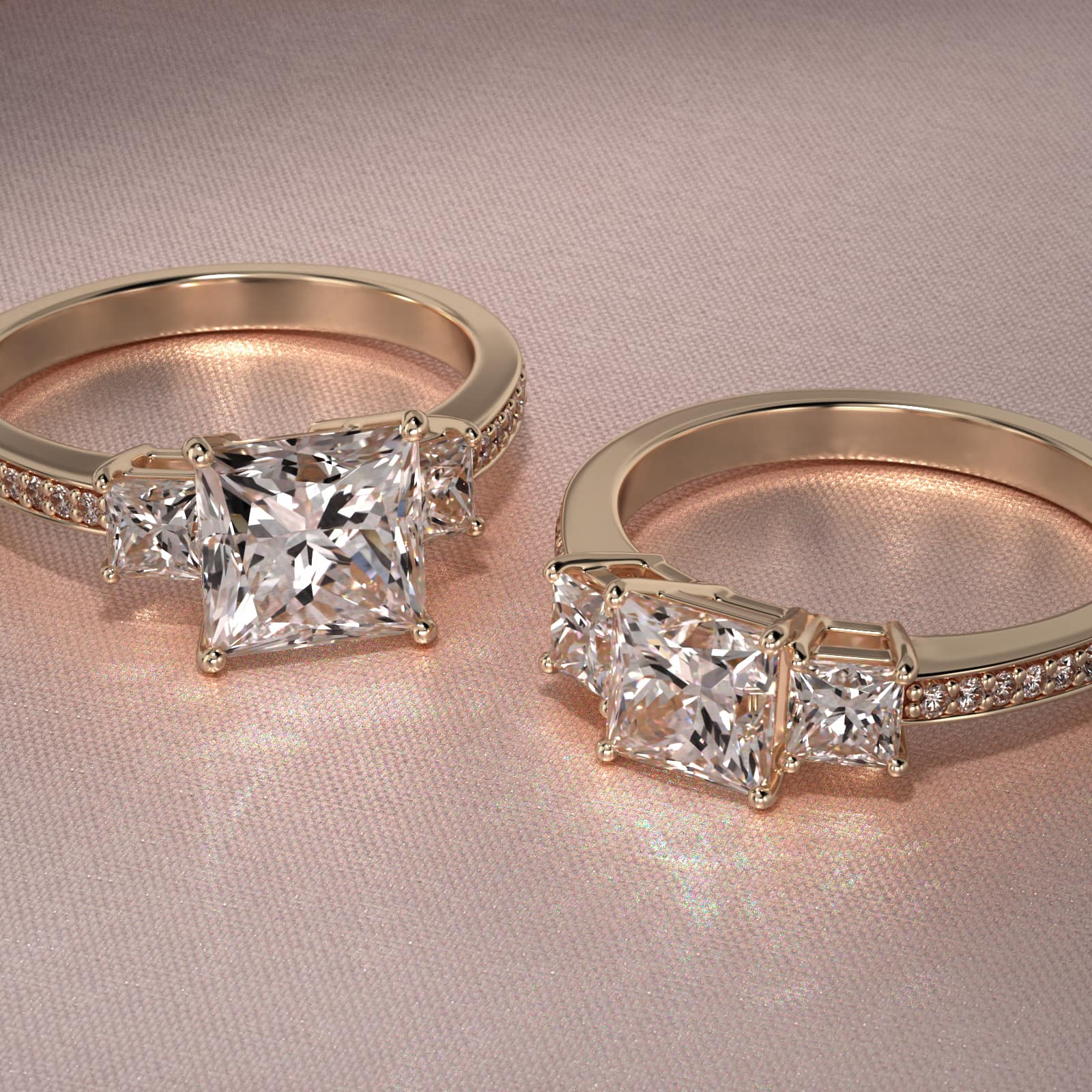 Princess Cut Diamond Three Stone Engagement Ring With Pavé Set Diamonds In 14K Yellow Gold