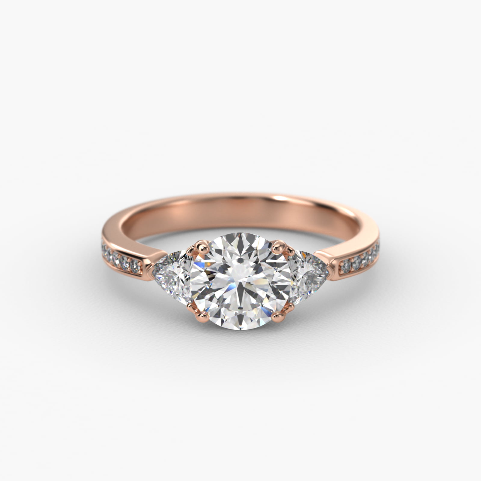 Trillion Cut Diamond Three Stone Engagement Ring With Pavé Set Diamonds In 14K Rose Gold