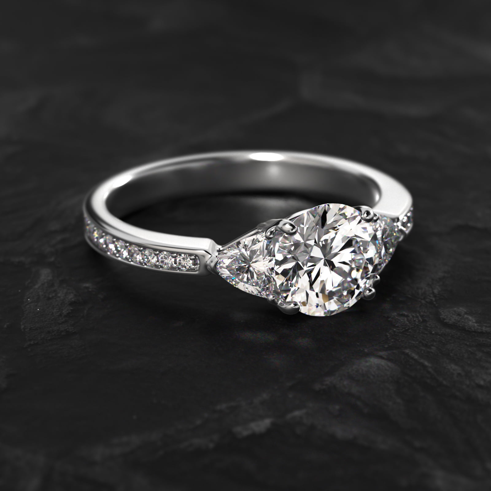 Trillion Cut Diamond Three Stone Engagement Ring With Pavé Set Diamonds In 14K White Gold