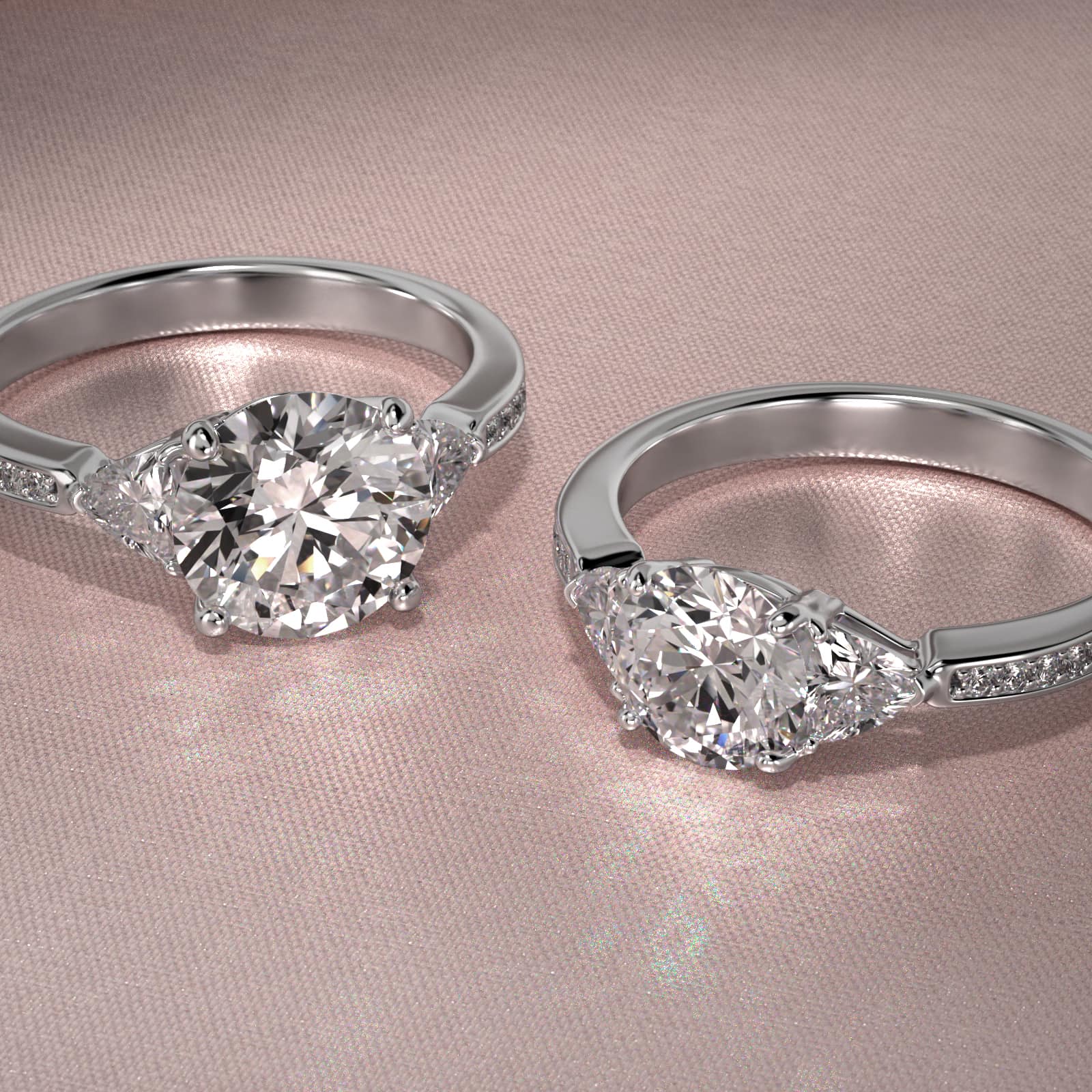 Trillion Cut Diamond Three Stone Engagement Ring With Pavé Set Diamonds In 18K White Gold