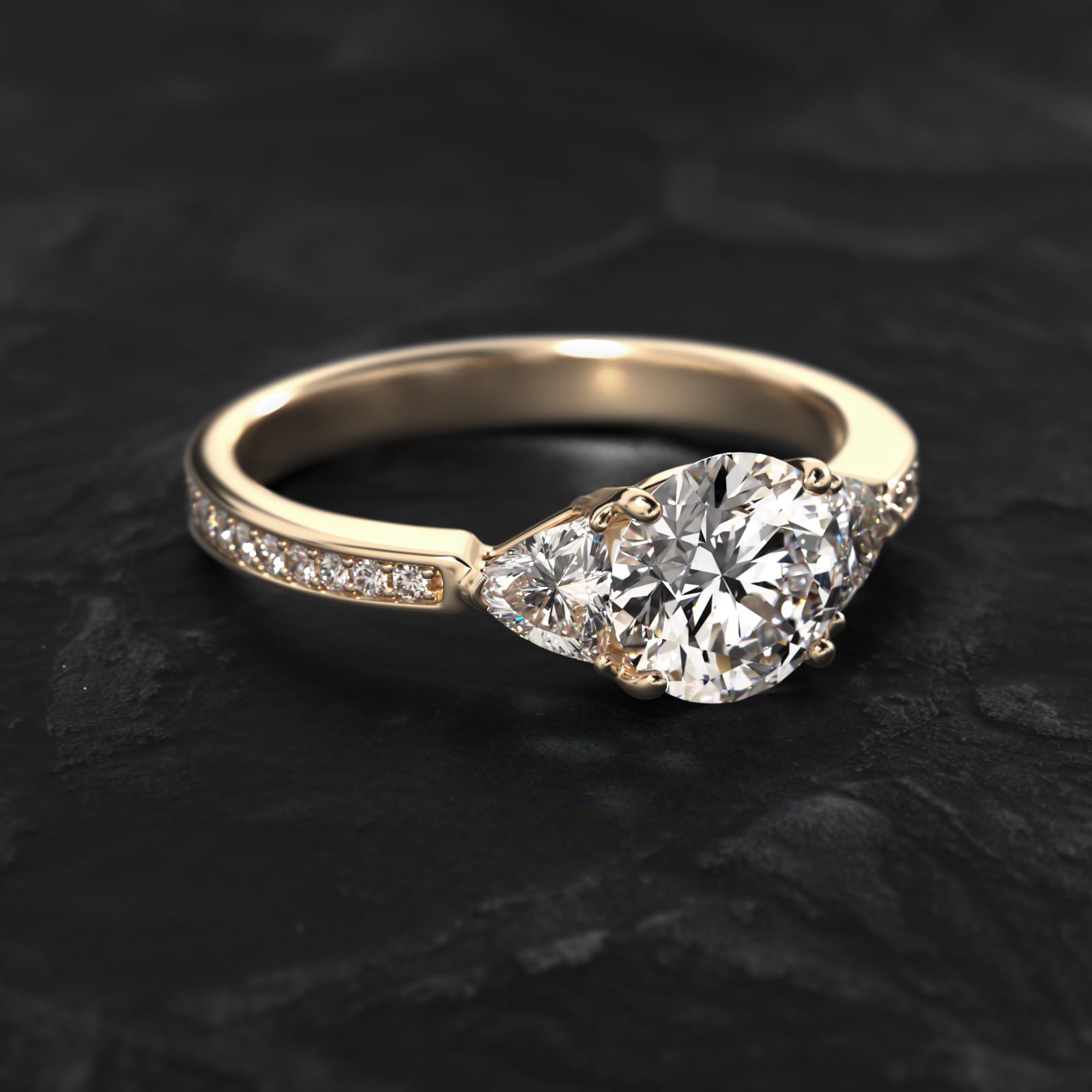 Trillion Cut Diamond Three Stone Engagement Ring With Pavé Set Diamonds In 18K Yellow Gold