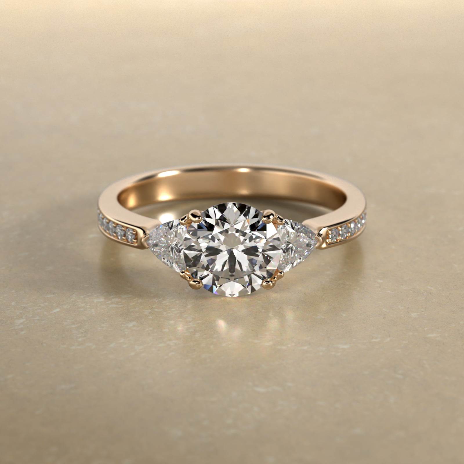 Trillion Cut Diamond Three Stone Engagement Ring With Pavé Set Diamonds In 14K Yellow Gold