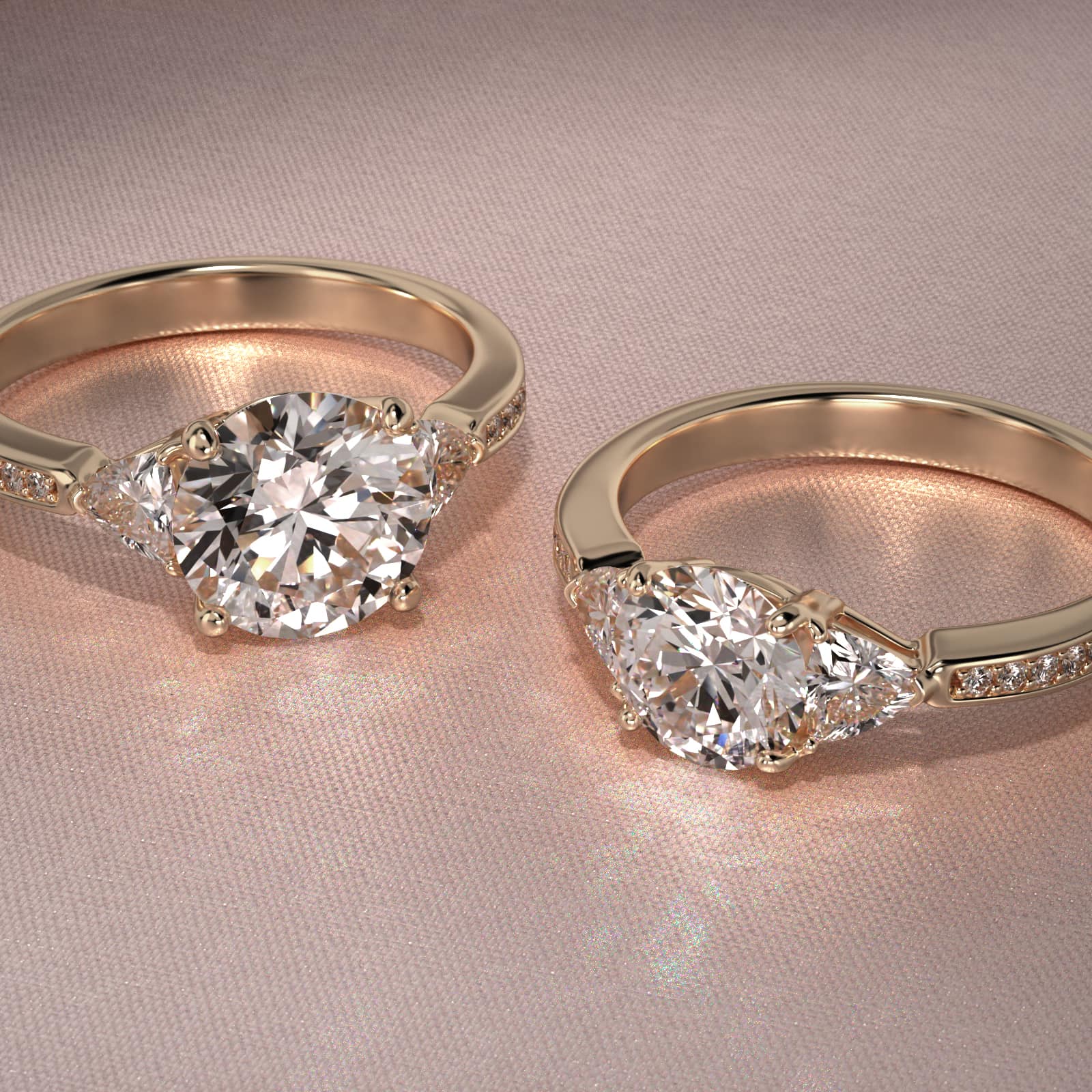 Trillion Cut Diamond Three Stone Engagement Ring With Pavé Set Diamonds In 18K Yellow Gold