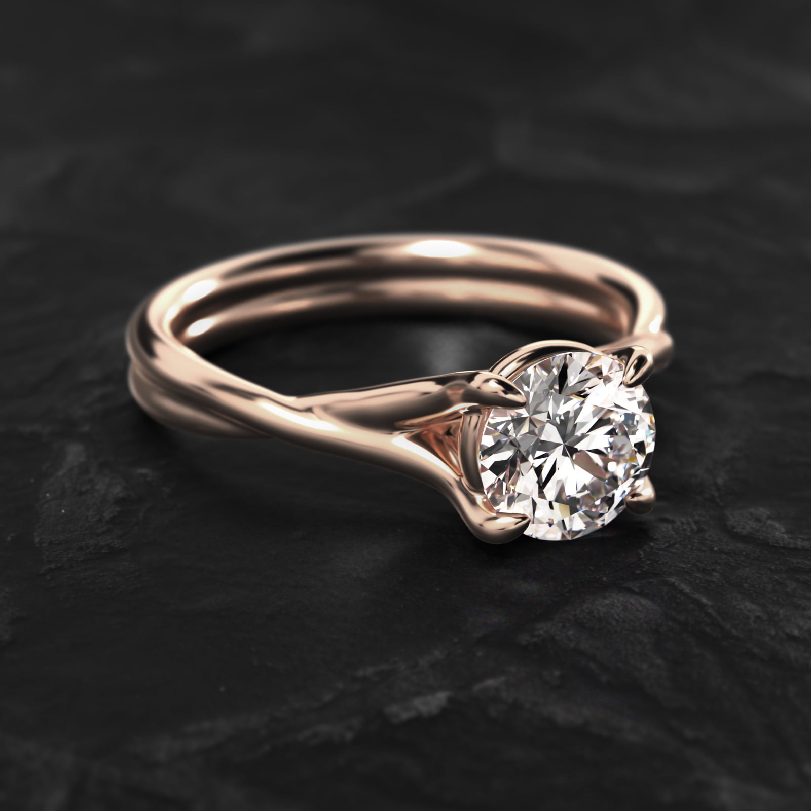 Twisted Shank Contemporary Solitaire Engagement Ring In 14K Rose Gold