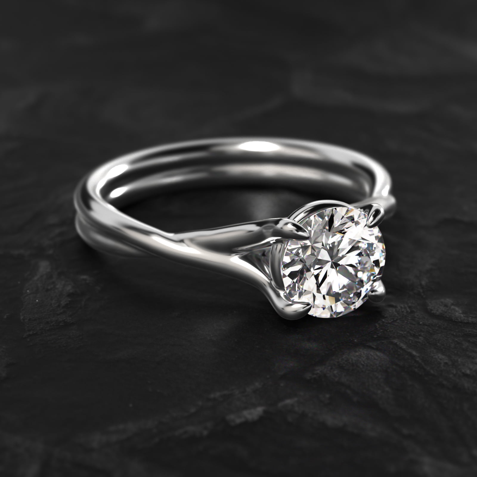 Twisted Shank Contemporary Solitaire Engagement Ring In 14K White Gold