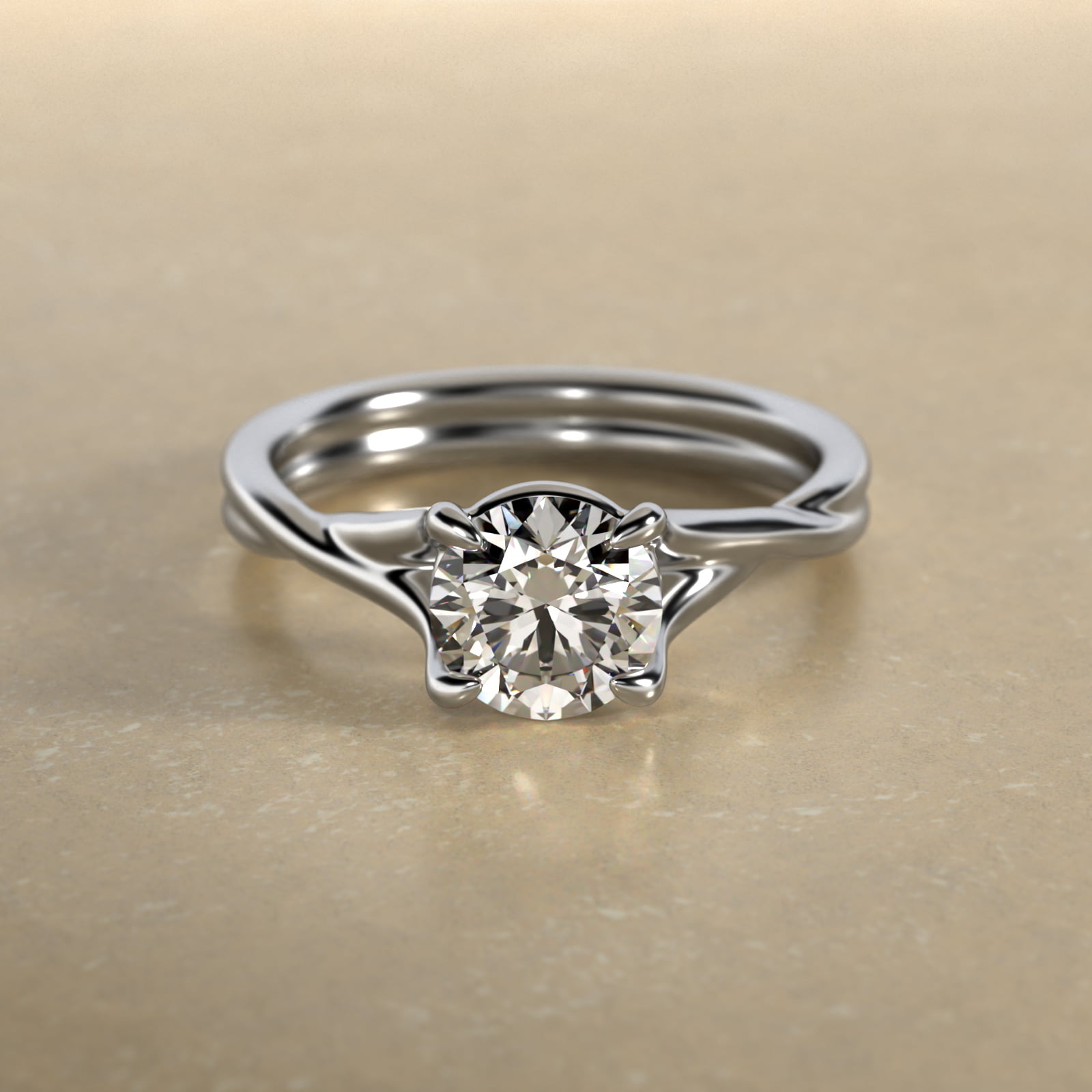 Twisted Shank Contemporary Solitaire Engagement Ring In 18K White Gold