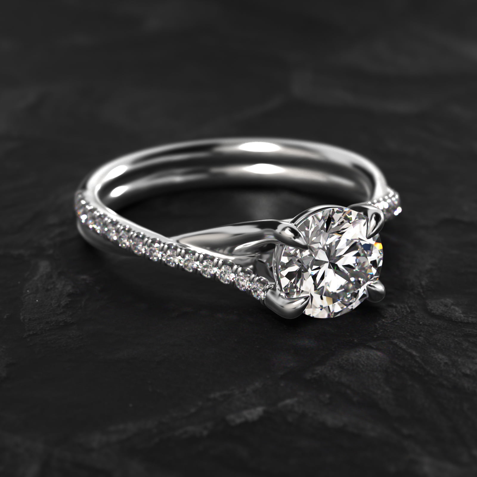 14K White Gold Twisted Pavé Shank Contemporary Diamond Engagement Ring