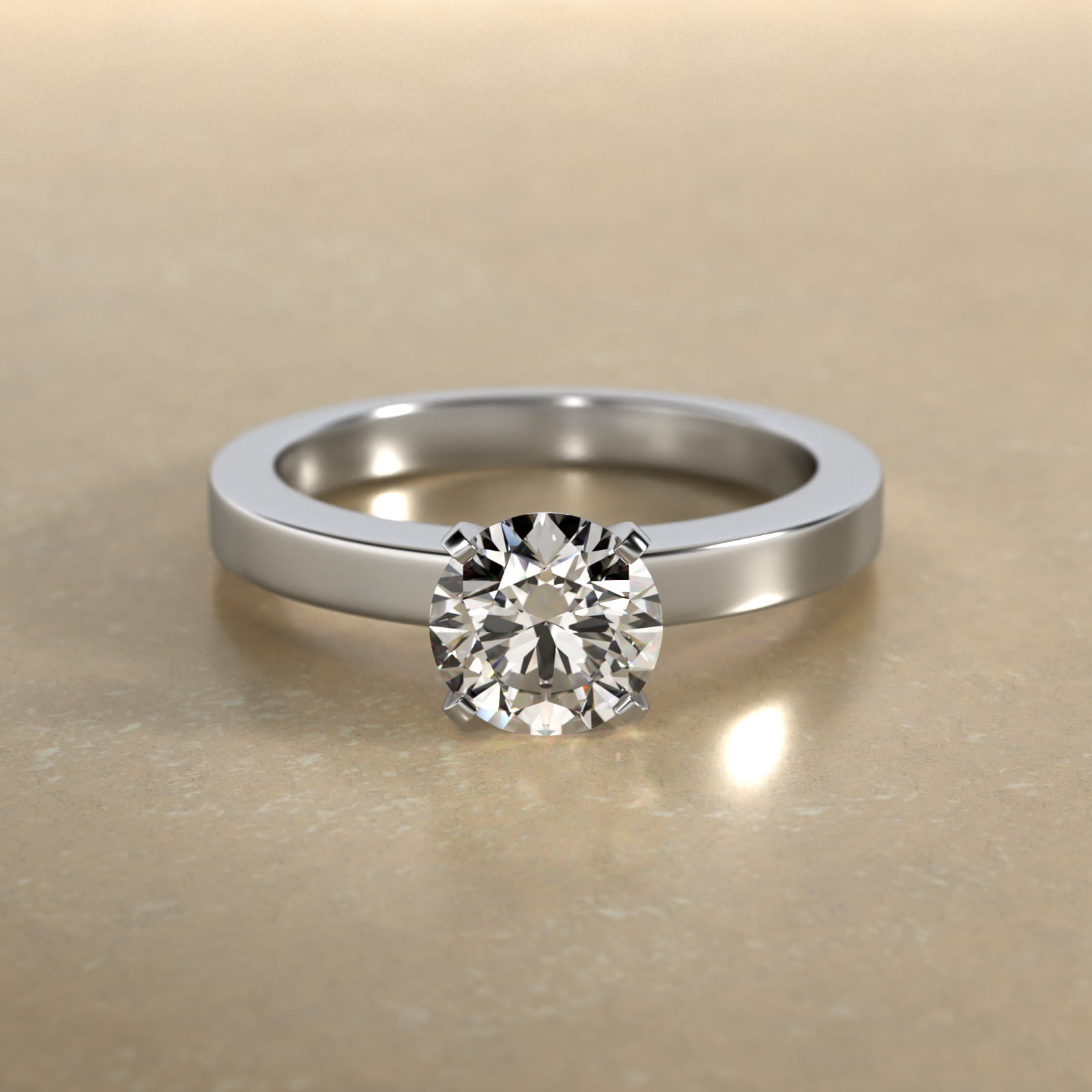Flat Edge Solitaire Engagement Ring In 18K White Gold