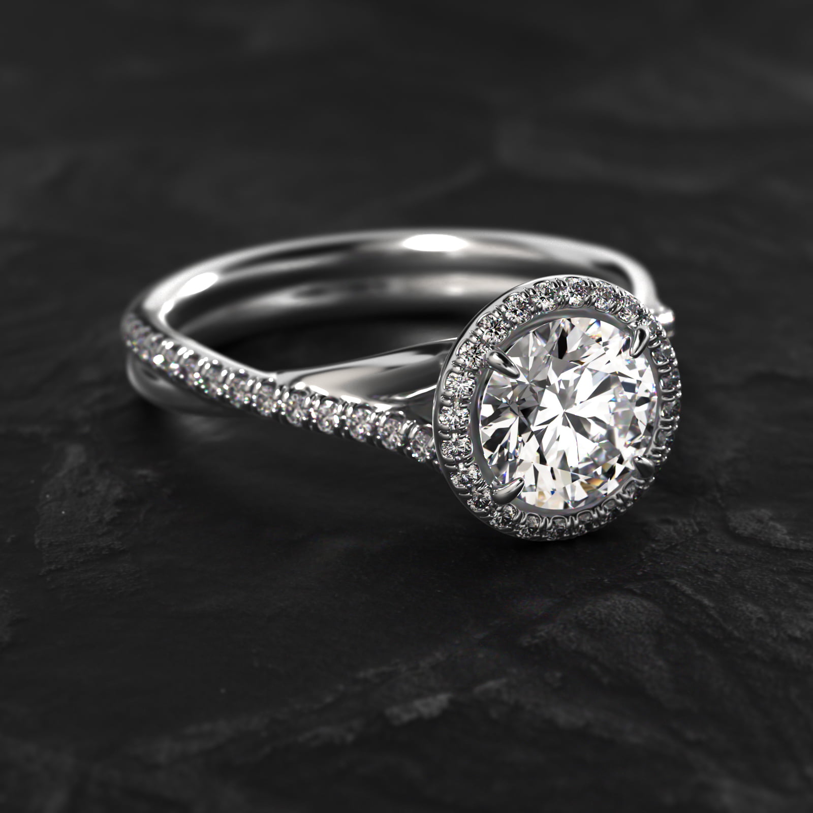 14K White Gold Pavé Halo and Twisted Shank Engagement Ring