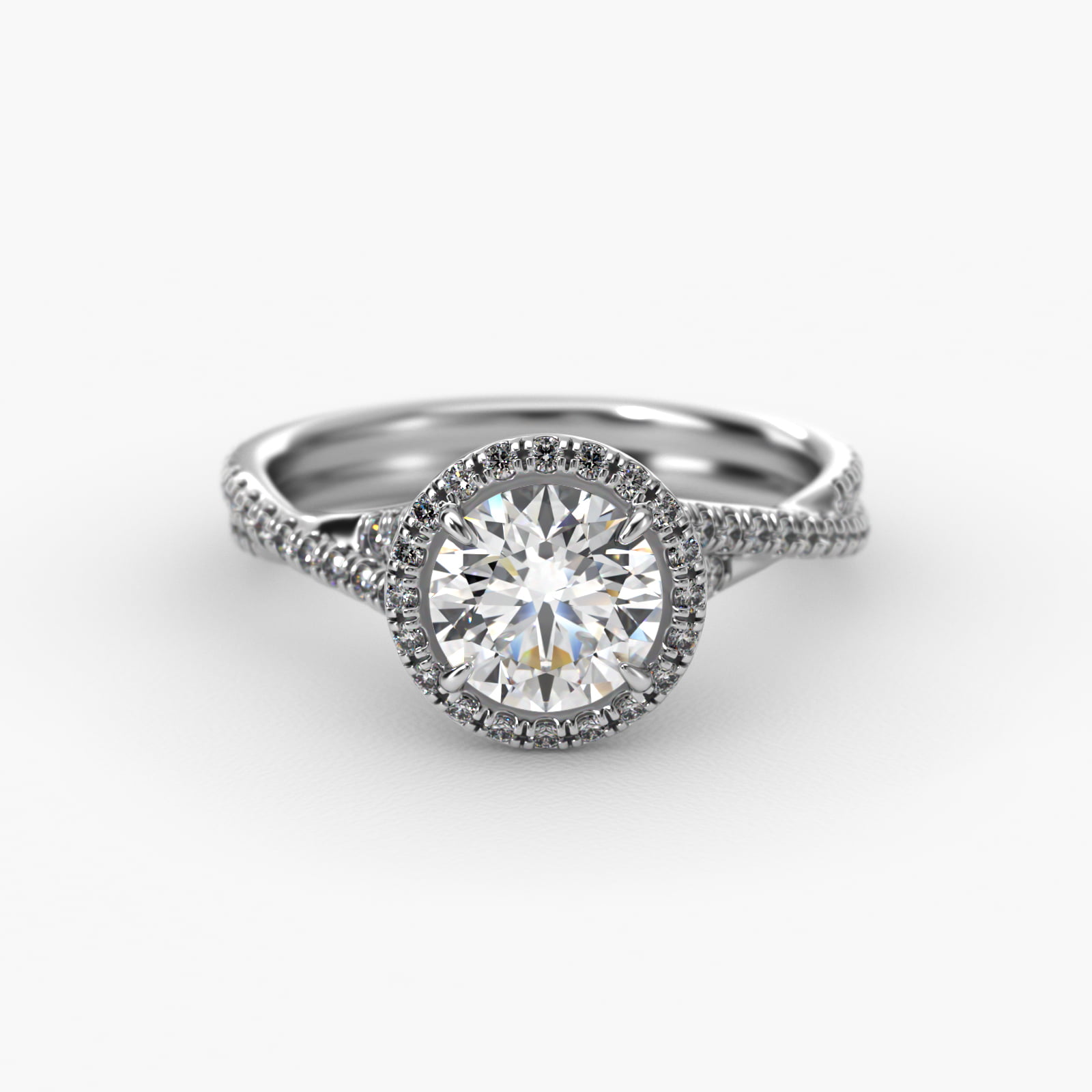 14K White Gold Pavé Halo and Twisted Shank Diamond Engagement Ring