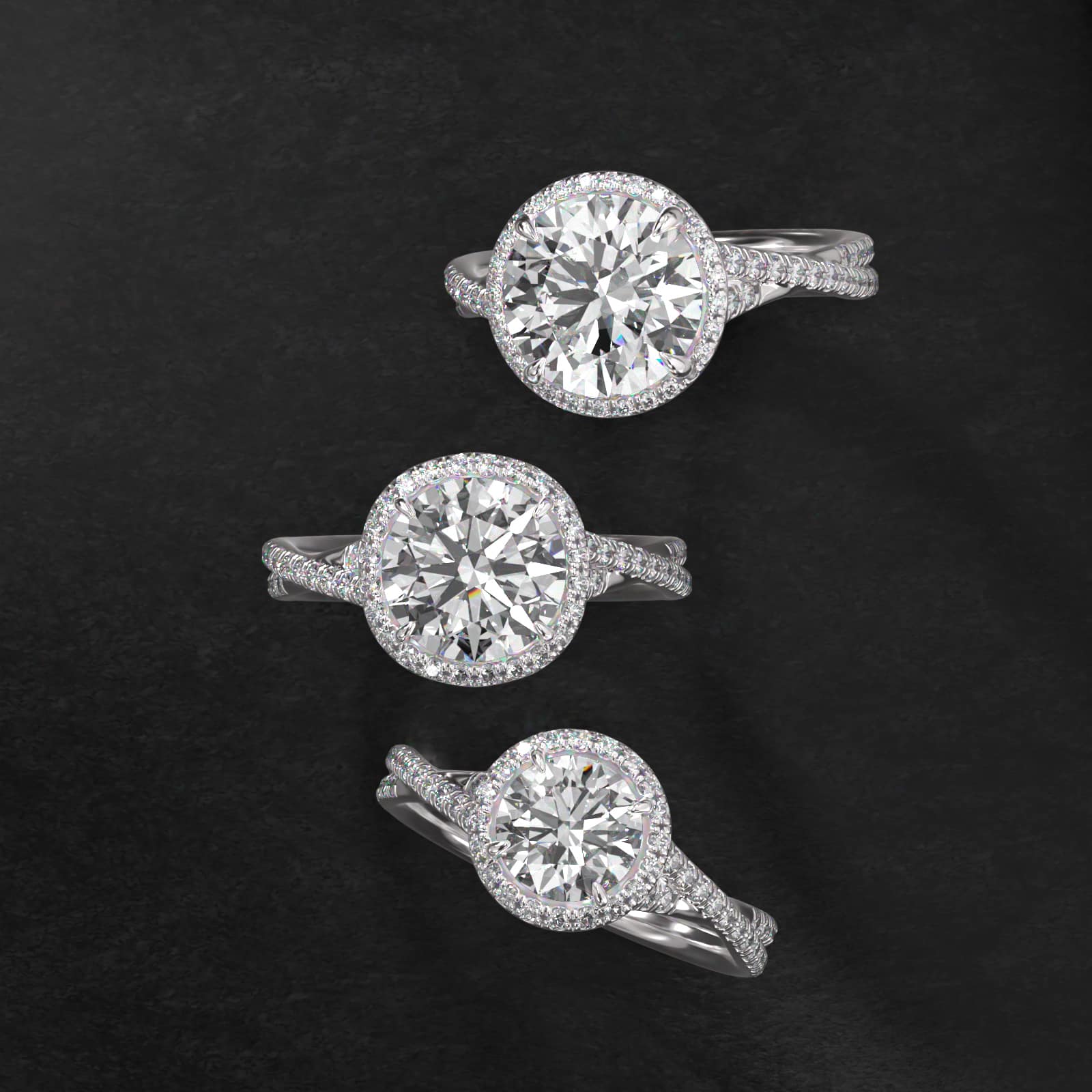 Platinum Pavé Halo and Twisted Shank Diamond Engagement Ring