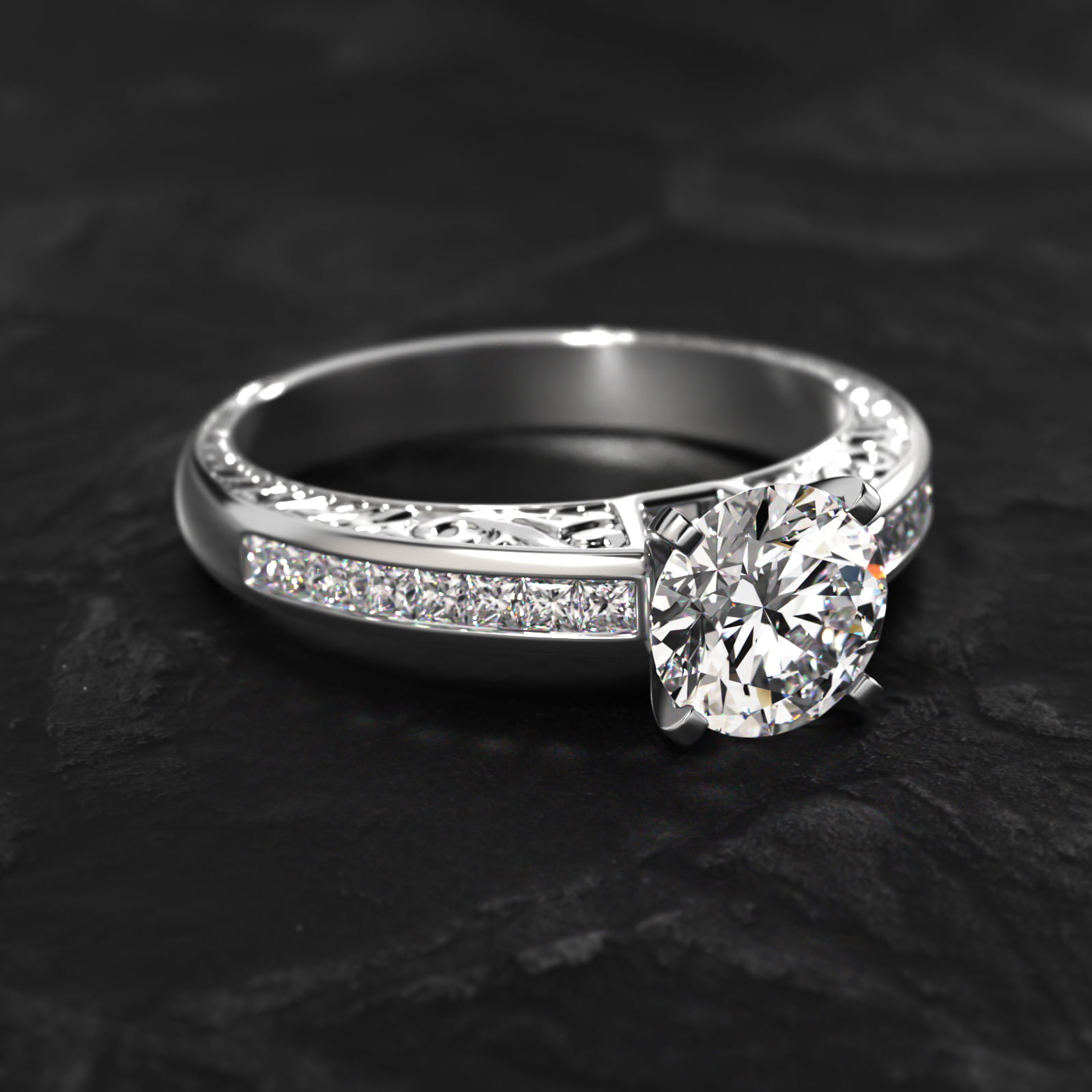 14K White Gold Engraved Princess Shaped Diamond Engagement Ring