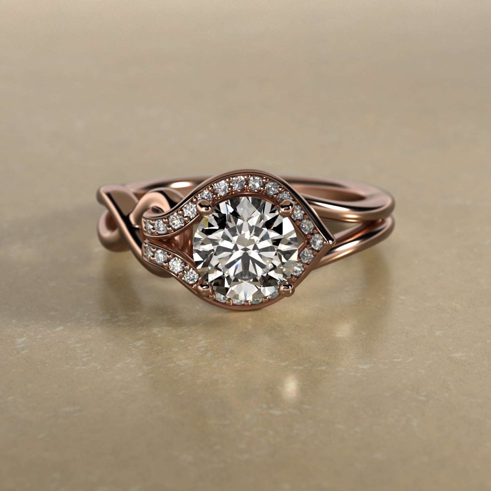 Asymmetrical Diamond Love Knot Vintage-Style Engagement Ring In 14K Rose Gold