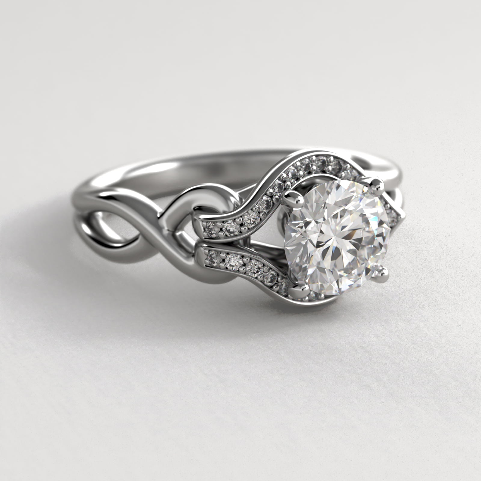 Asymmetrical Diamond Love Knot Vintage-Style Engagement Ring In 14K White Gold