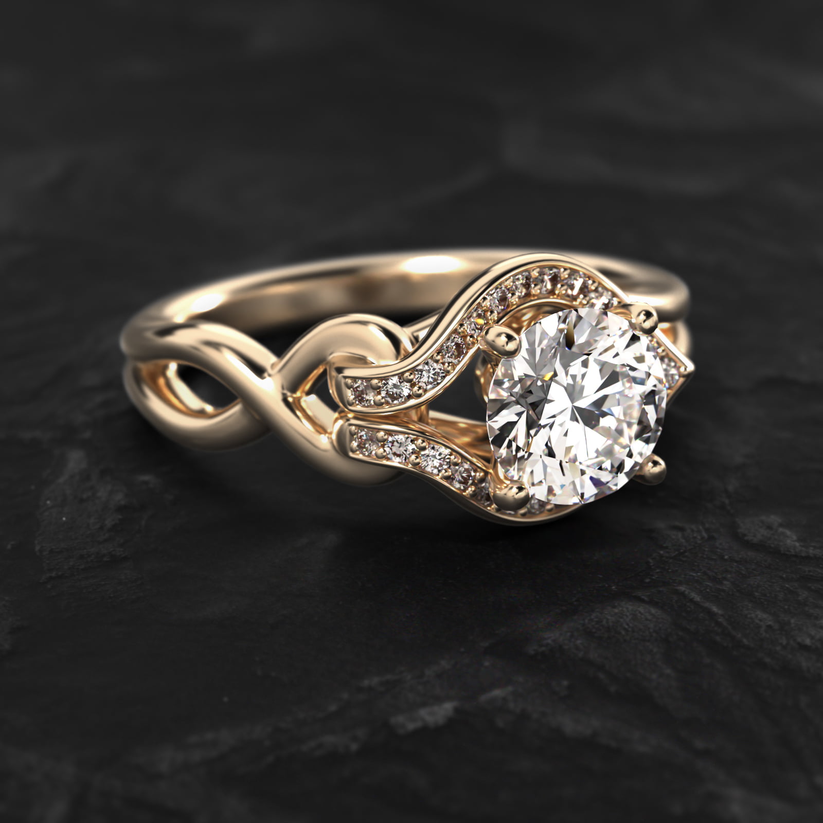 Asymmetrical Diamond Love Knot Vintage-Style Engagement Ring In 14K Yellow Gold