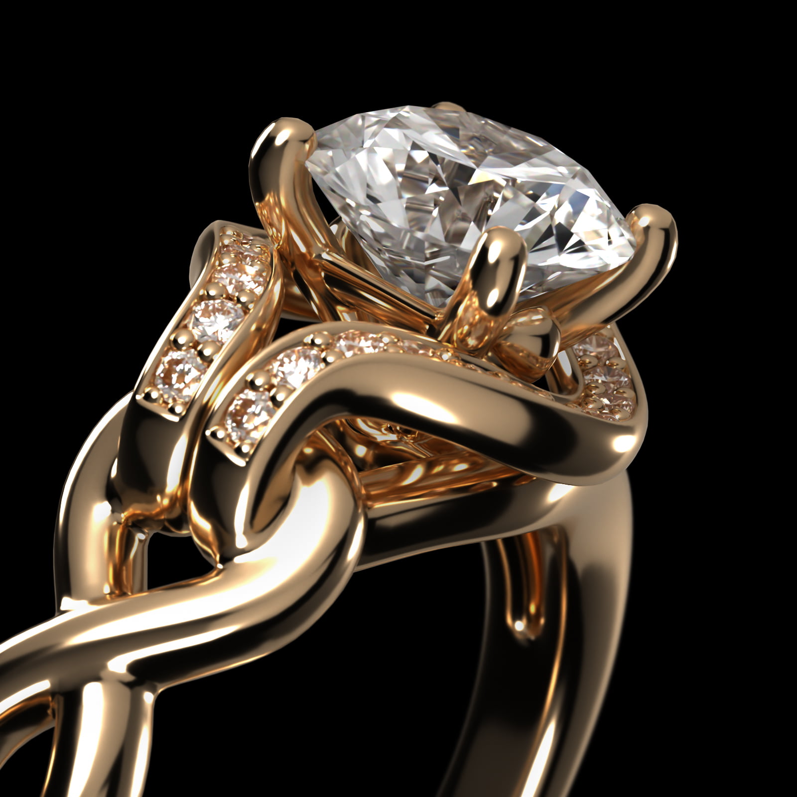 Asymmetrical Diamond Love Knot Vintage-Style Engagement Ring In 14K Yellow Gold