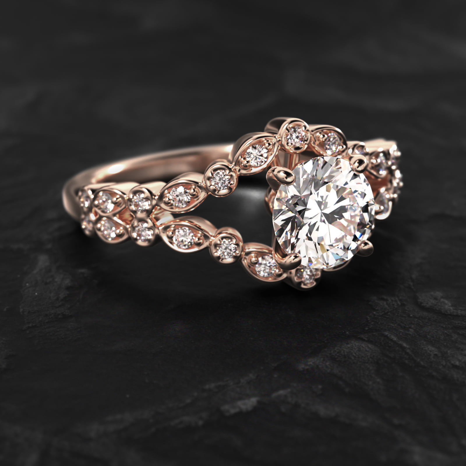 Alternating Shapes Open Split Shank Vintage-Style Engagement Ring In 14K Rose Gold