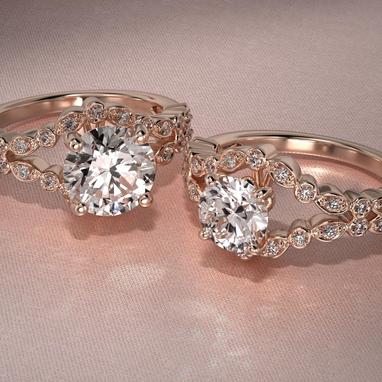 Alternating Shapes Open Split Shank Vintage-Style Engagement Ring In 14K Rose Gold