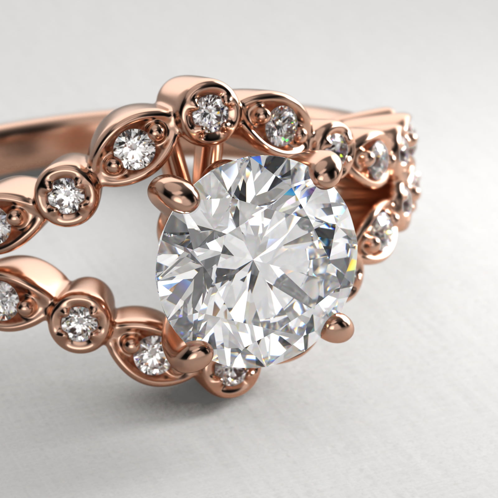 Alternating Shapes Open Split Shank Vintage-Style Engagement Ring In 14K Rose Gold