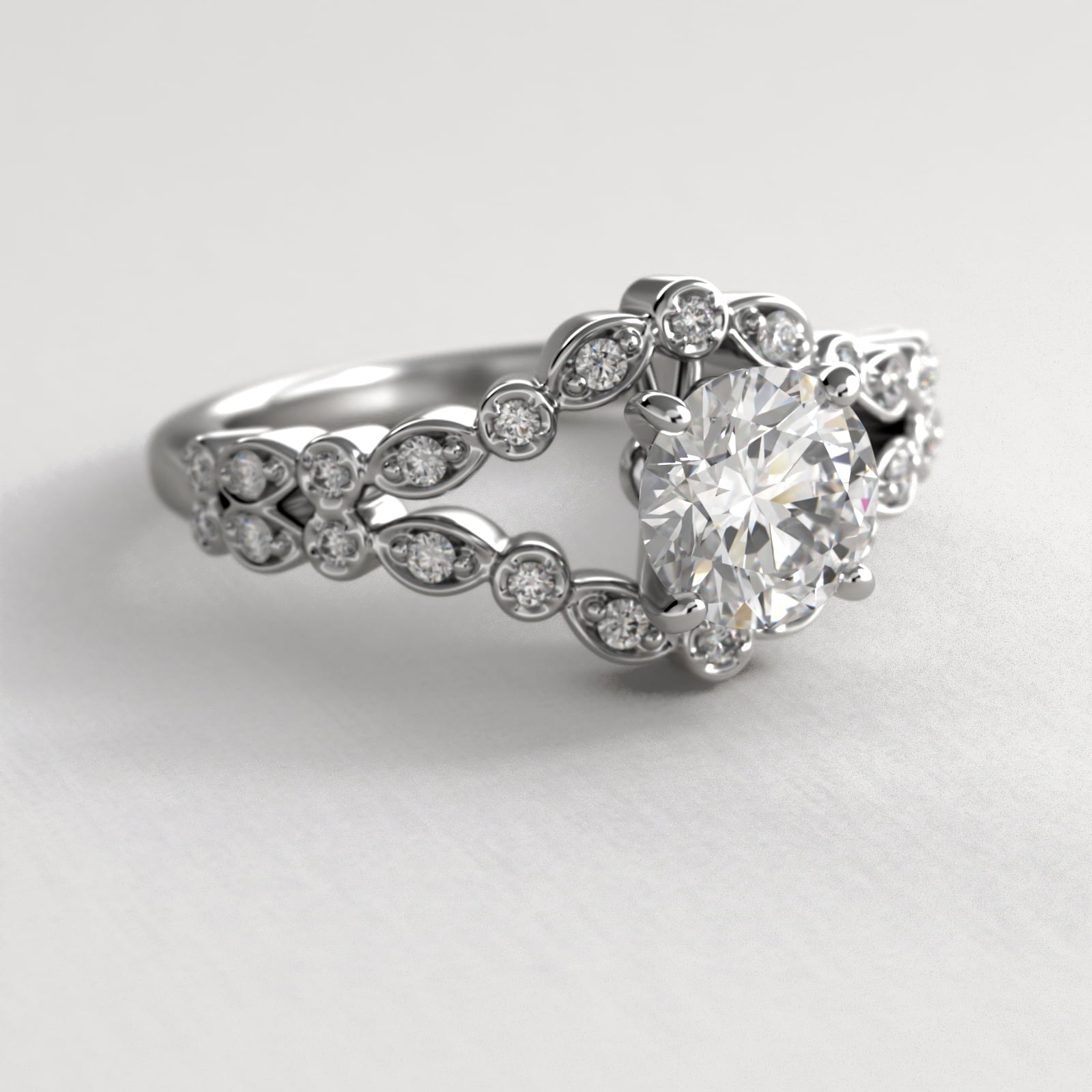 Alternating Shapes Open Split Shank Vintage-Style Engagement Ring In 18K White Gold