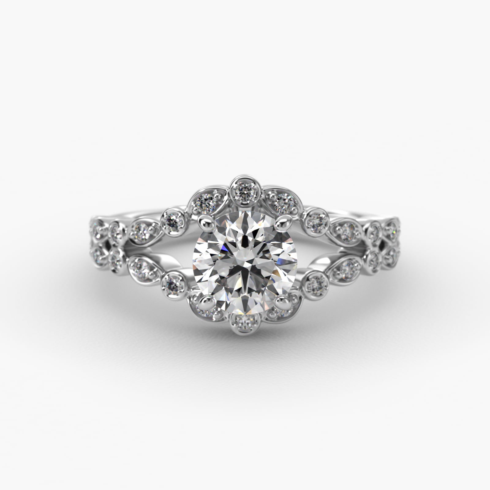 Alternating Shapes Open Split Shank Vintage-Style Engagement Ring In 14K White Gold