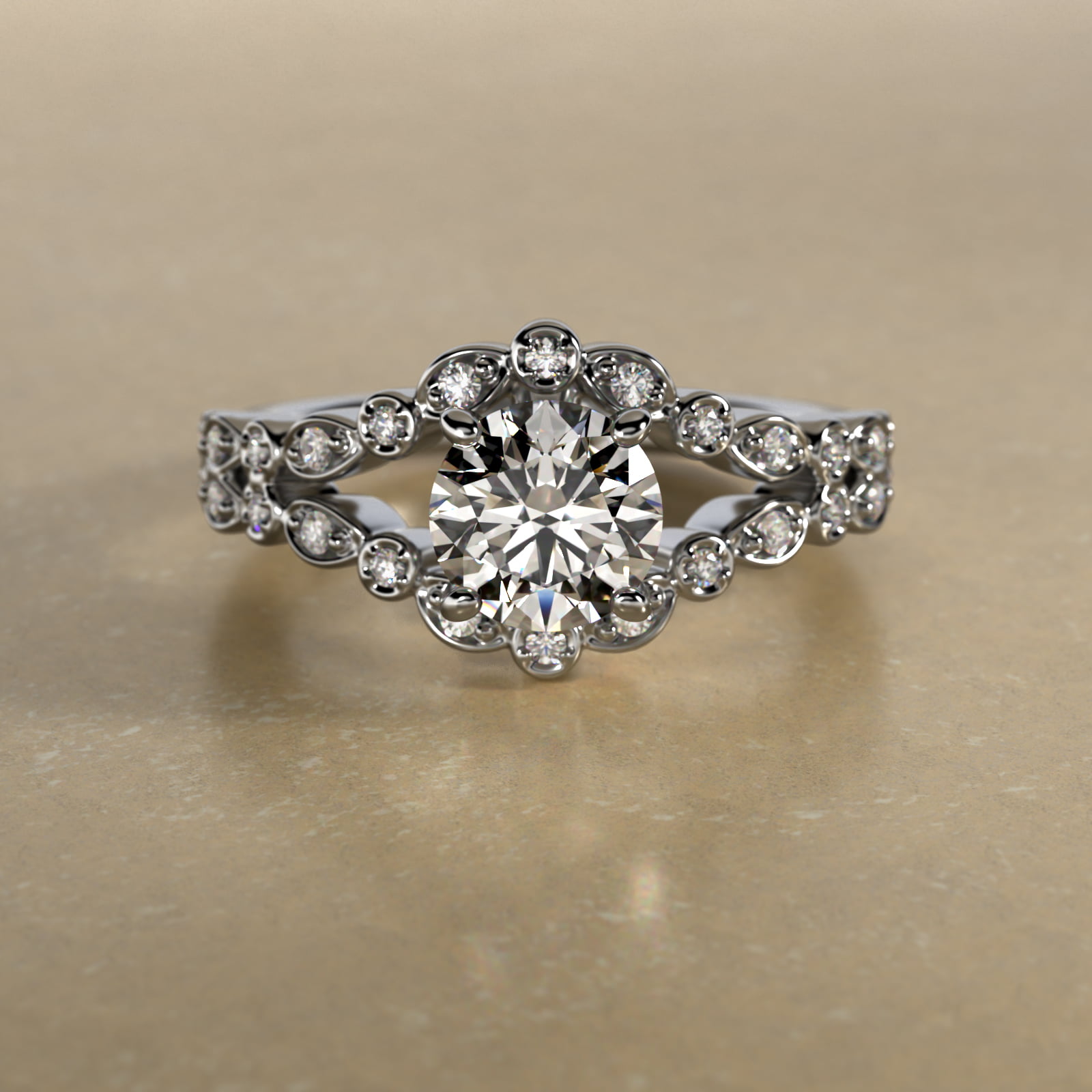 Alternating Shapes Open Split Shank Vintage-Style Engagement Ring In Platinum