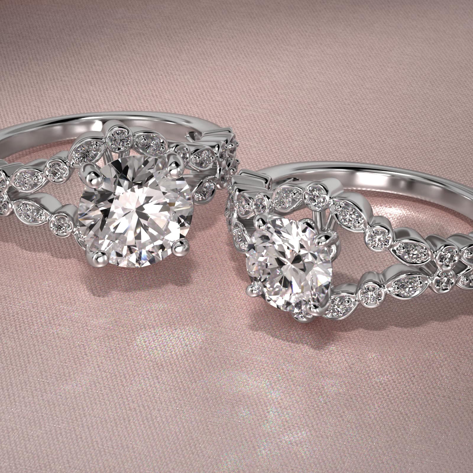 Alternating Shapes Open Split Shank Vintage-Style Engagement Ring In 14K White Gold