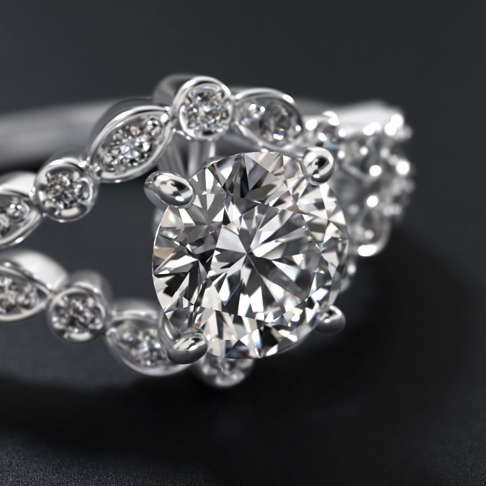 Alternating Shapes Open Split Shank Vintage-Style Engagement Ring In 14K White Gold