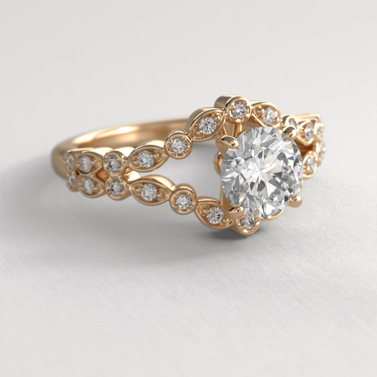 Alternating Shapes Open Split Shank Vintage-Style Engagement Ring In 14K Yellow Gold