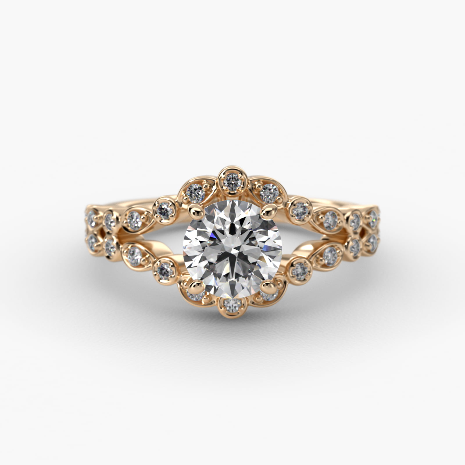 Alternating Shapes Open Split Shank Vintage-Style Engagement Ring In 18K Yellow Gold