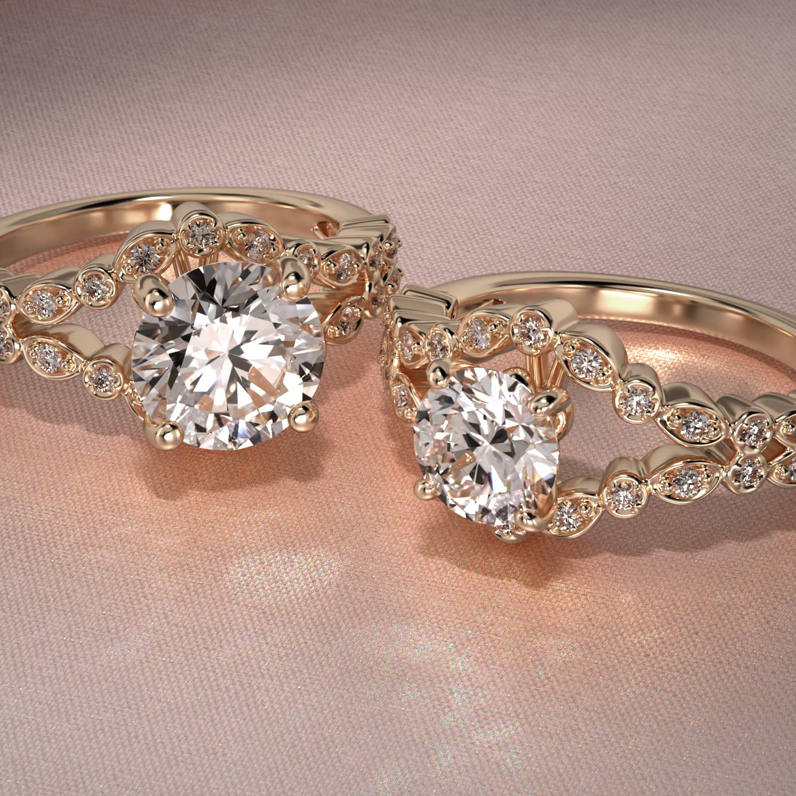 Alternating Shapes Open Split Shank Vintage-Style Engagement Ring In 18K Yellow Gold