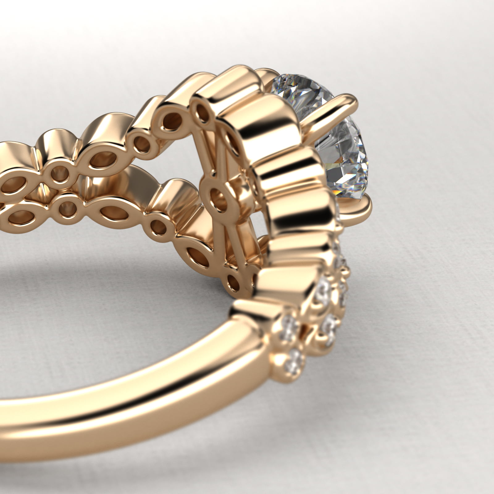 Alternating Shapes Open Split Shank Vintage-Style Engagement Ring In 14K Yellow Gold