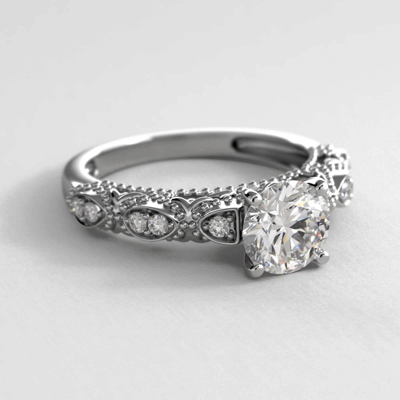 Beaded Open Span Vintage-Style Engagement Ring In 14K White Gold