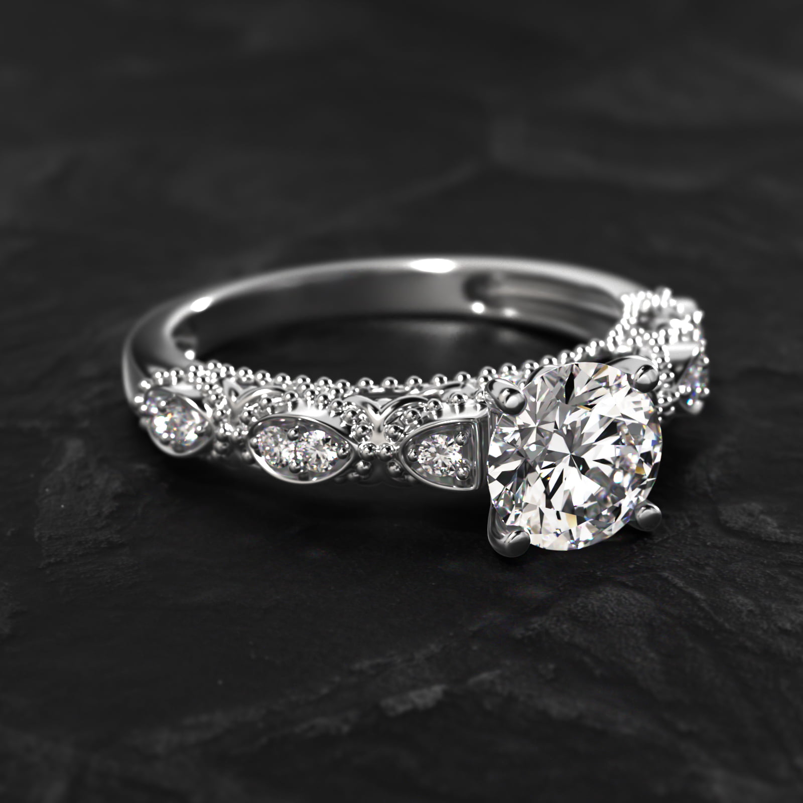 Beaded Open Span Vintage-Style Engagement Ring In 18K White Gold